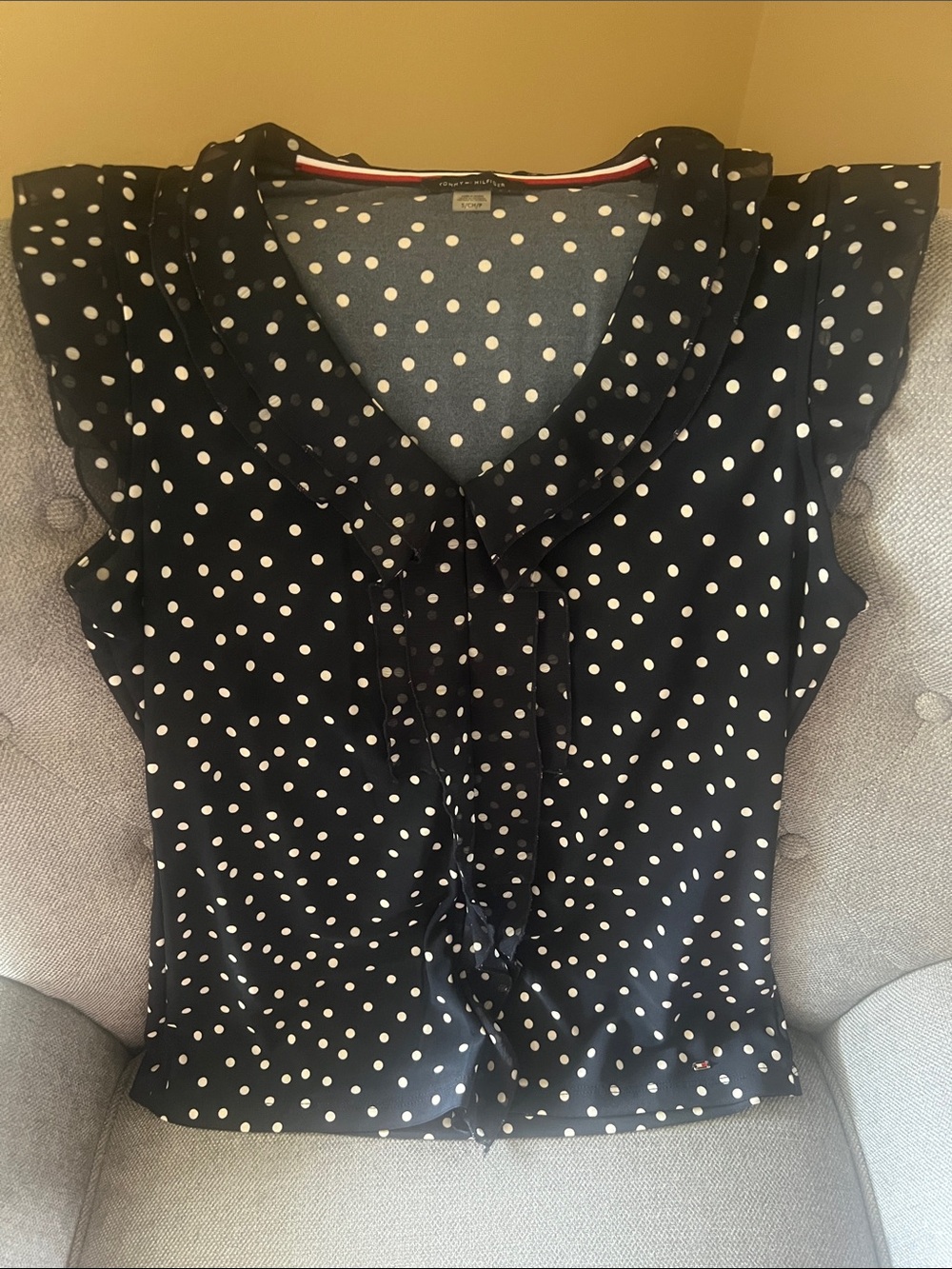 Tommy Hilfiger Navy and White Polka Dot Ruffle Tie-Neck Top
